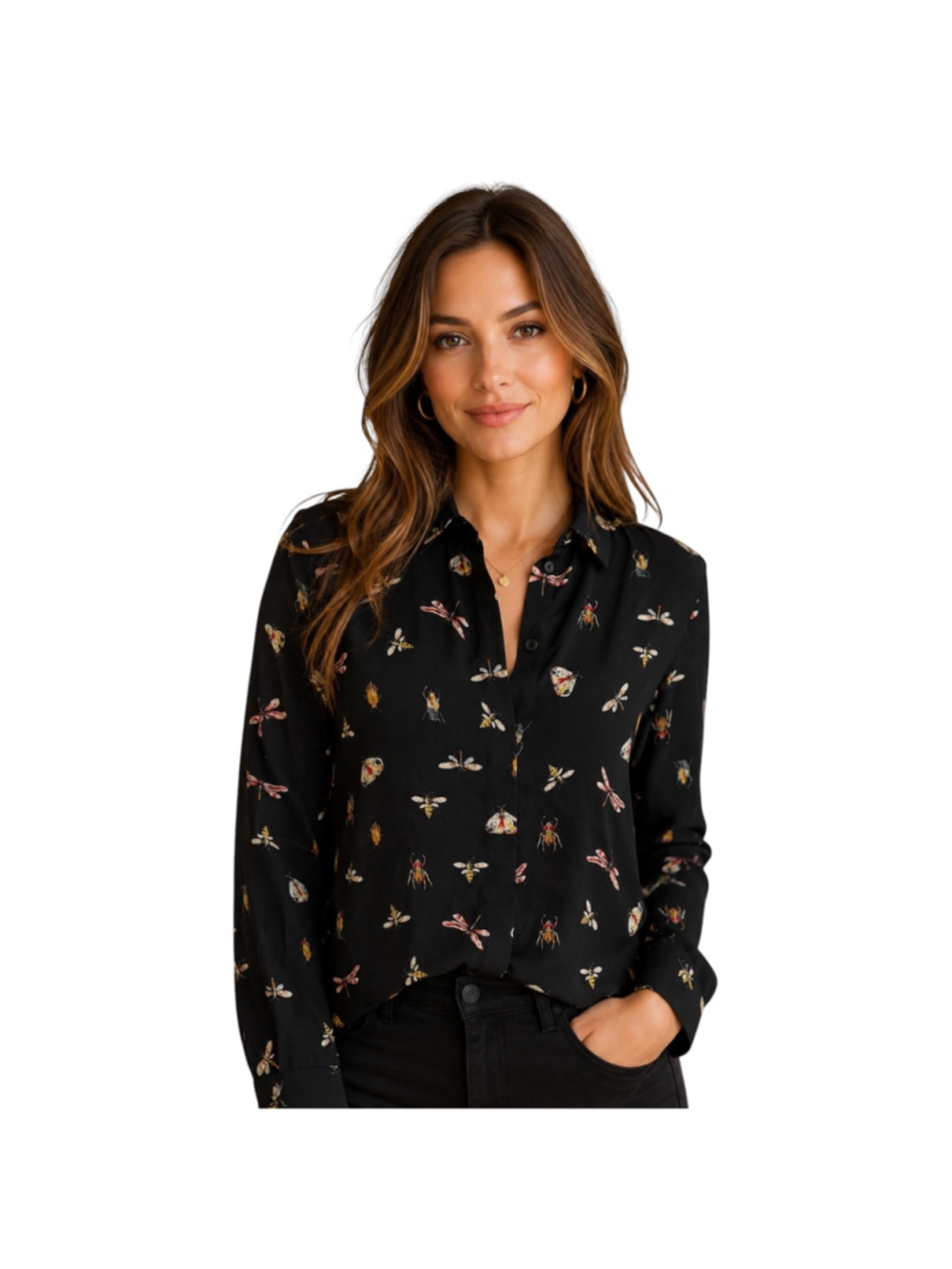 H&M Black Insect Print Button Front Blouse Women’s US 2 EU 34 Long Sleeve